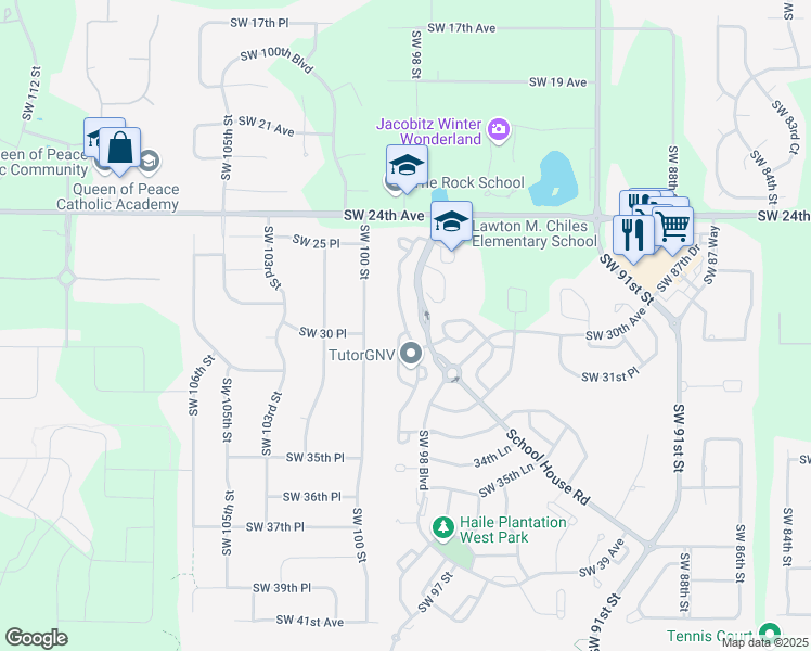 map of restaurants, bars, coffee shops, grocery stores, and more near 2921 Southwest 98 Drive in Gainesville
