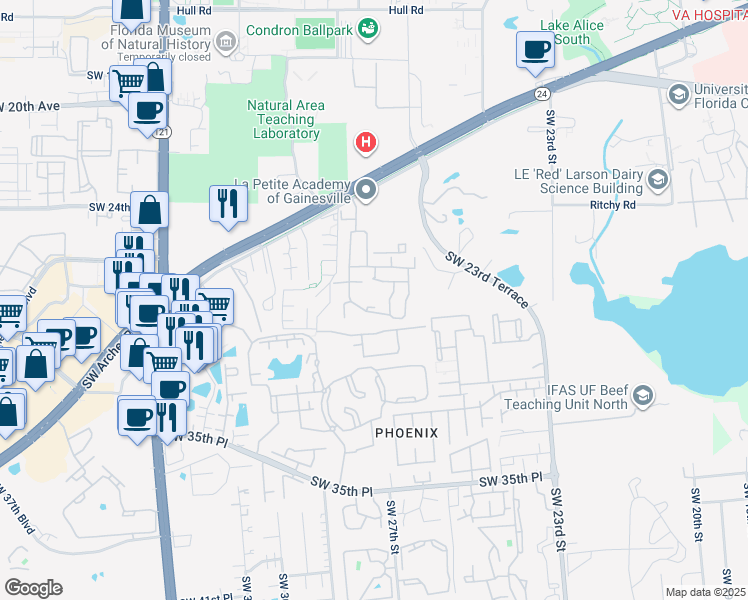 map of restaurants, bars, coffee shops, grocery stores, and more near 2777 Southwest Archer Road in Gainesville