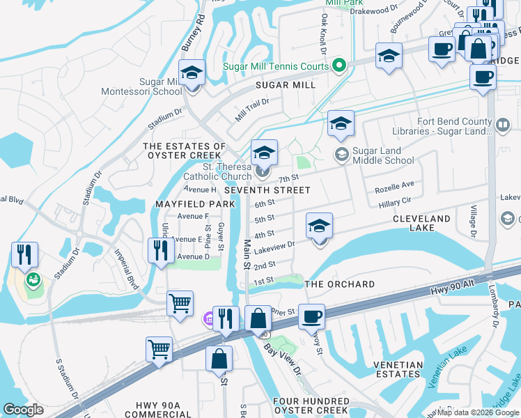 map of restaurants, bars, coffee shops, grocery stores, and more near 114 6th Street in Sugar Land