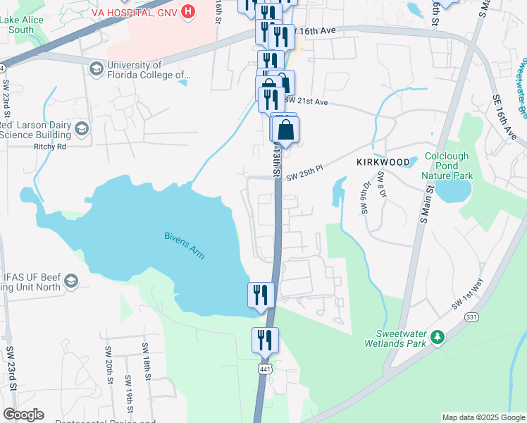 map of restaurants, bars, coffee shops, grocery stores, and more near 2628 Southwest 14th Drive in Gainesville