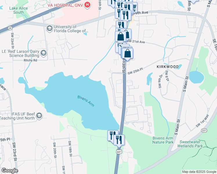 map of restaurants, bars, coffee shops, grocery stores, and more near 2628 Southwest 14th Drive in Gainesville