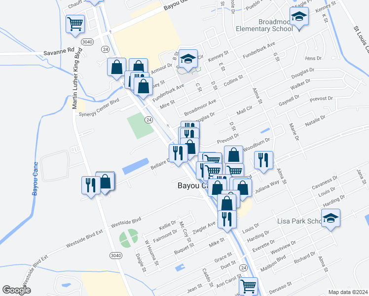 map of restaurants, bars, coffee shops, grocery stores, and more near 6203 West Park Avenue in Houma