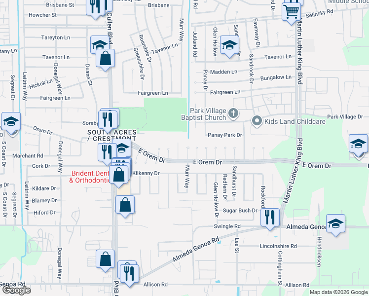map of restaurants, bars, coffee shops, grocery stores, and more near 12122 Murr Way in Houston