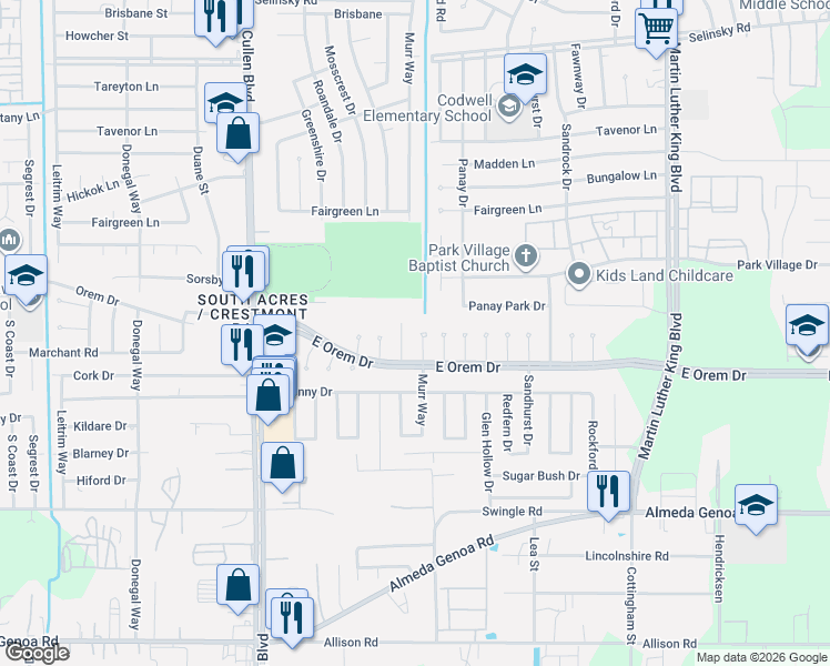 map of restaurants, bars, coffee shops, grocery stores, and more near 12122 Murr Way in Houston
