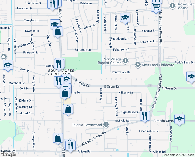 map of restaurants, bars, coffee shops, grocery stores, and more near 12122 Murr Way in Houston