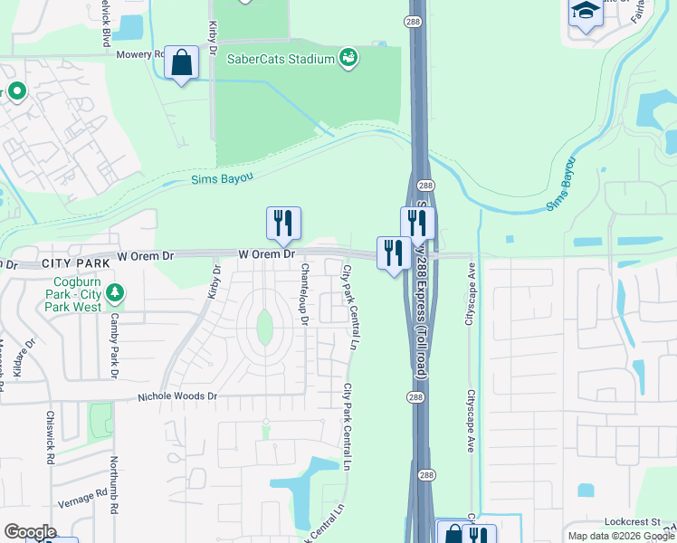 map of restaurants, bars, coffee shops, grocery stores, and more near 11800 City Park Central Lane in Houston