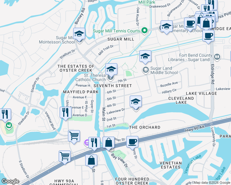 map of restaurants, bars, coffee shops, grocery stores, and more near 126 6th Street in Sugar Land