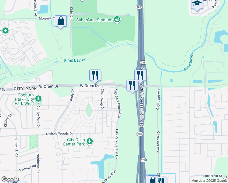 map of restaurants, bars, coffee shops, grocery stores, and more near City Park Central Lane in Houston