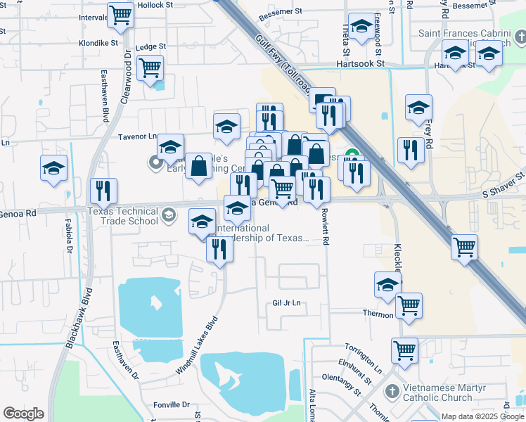 map of restaurants, bars, coffee shops, grocery stores, and more near 9998 Almeda-Genoa Road in Houston