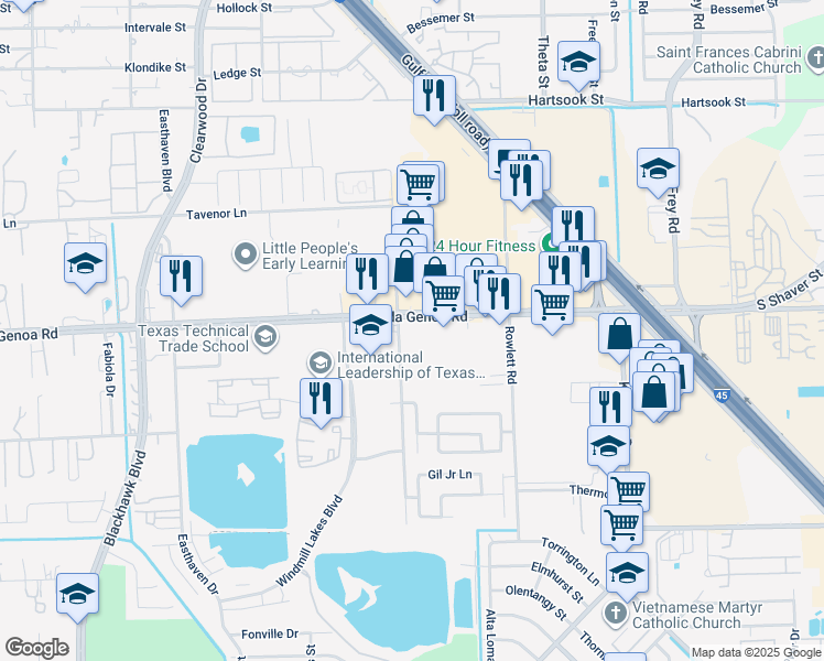 map of restaurants, bars, coffee shops, grocery stores, and more near 9998 Almeda-Genoa Road in Houston