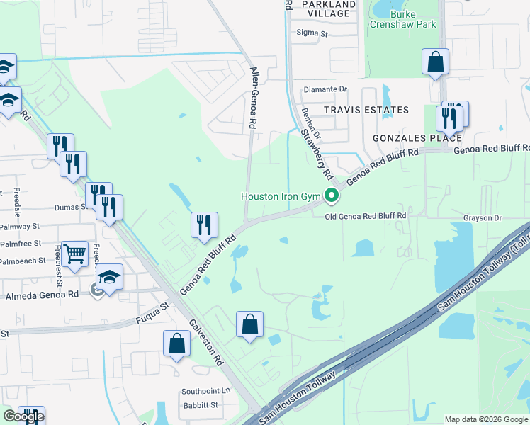 map of restaurants, bars, coffee shops, grocery stores, and more near 495 Genoa Red Bluff Road in Houston