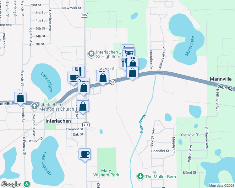 map of restaurants, bars, coffee shops, grocery stores, and more near 1125 Florida 20 in Interlachen