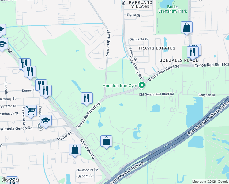 map of restaurants, bars, coffee shops, grocery stores, and more near 495 Genoa Red Bluff Road in Houston
