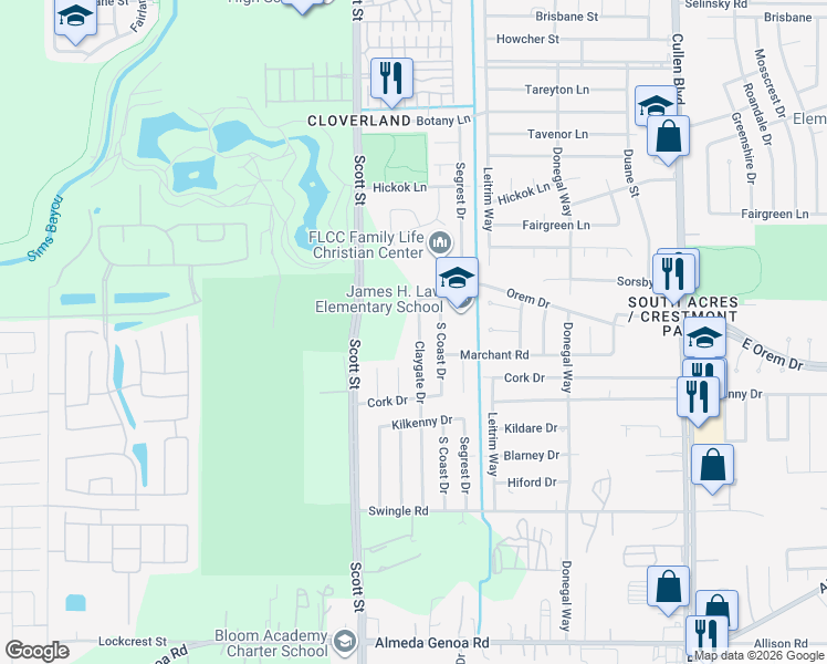 map of restaurants, bars, coffee shops, grocery stores, and more near 12543 Claygate Drive in Houston
