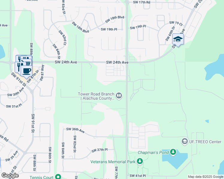 map of restaurants, bars, coffee shops, grocery stores, and more near 2718 SW 75th St in Gainesville