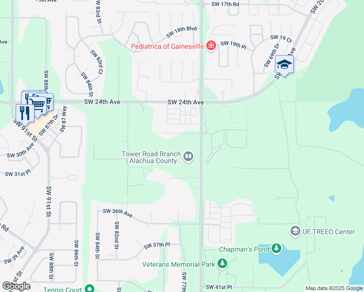 map of restaurants, bars, coffee shops, grocery stores, and more near 2718 Southwest 75th Street in Gainesville