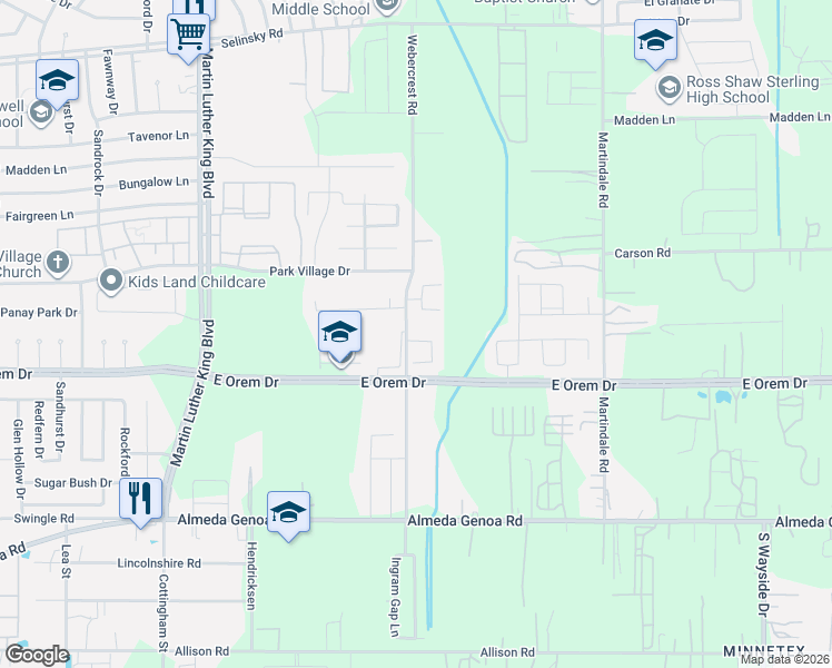 map of restaurants, bars, coffee shops, grocery stores, and more near 5814 Dawn Terrace Court in Houston