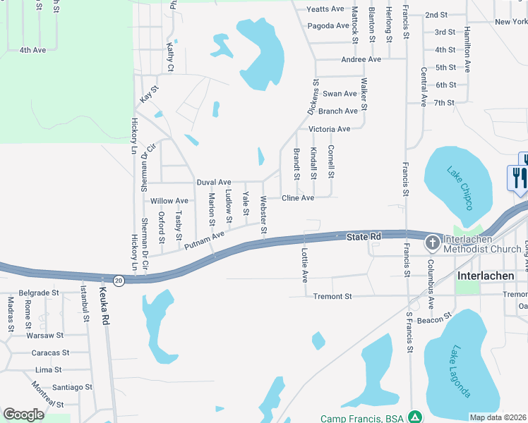 map of restaurants, bars, coffee shops, grocery stores, and more near 119 Webster Street in Interlachen