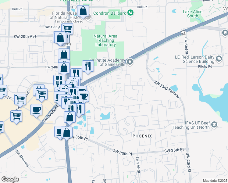 map of restaurants, bars, coffee shops, grocery stores, and more near 2905 Southwest Archer Road in Gainesville