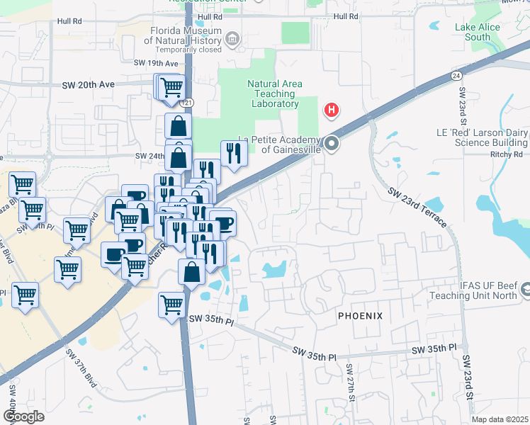 map of restaurants, bars, coffee shops, grocery stores, and more near 3027 Southwest Archer Road in Gainesville