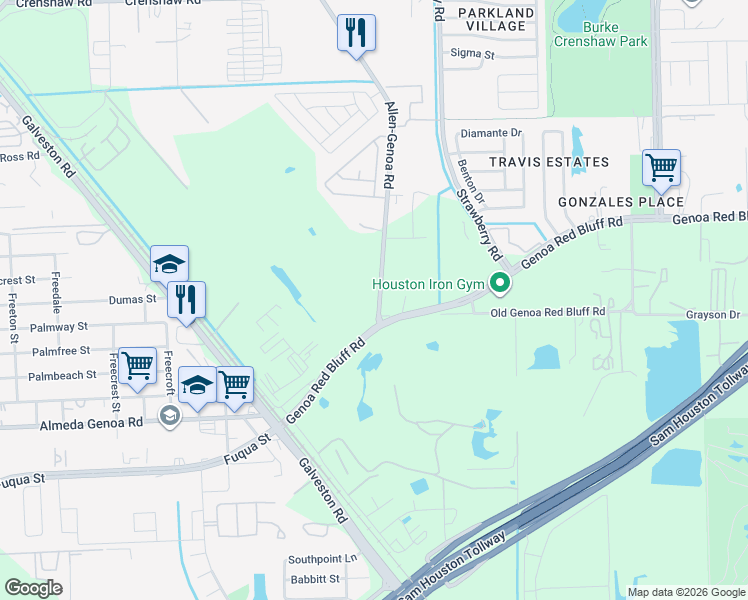 map of restaurants, bars, coffee shops, grocery stores, and more near 5521 Allen-Genoa Road in Houston