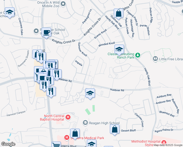 map of restaurants, bars, coffee shops, grocery stores, and more near 17919 Winter Hill in San Antonio
