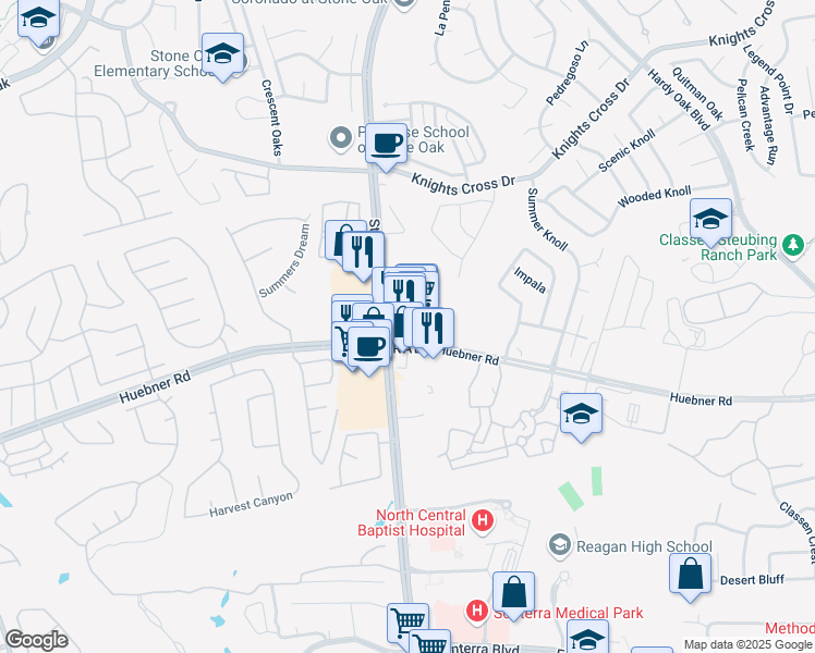 map of restaurants, bars, coffee shops, grocery stores, and more near 19230 Stone Oak Parkway in San Antonio