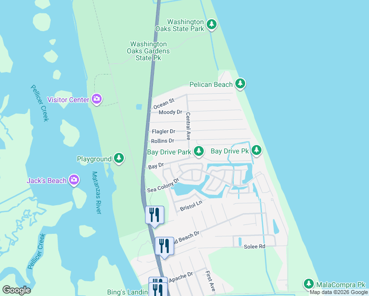 map of restaurants, bars, coffee shops, grocery stores, and more near 19 Rollins Drive in Palm Coast