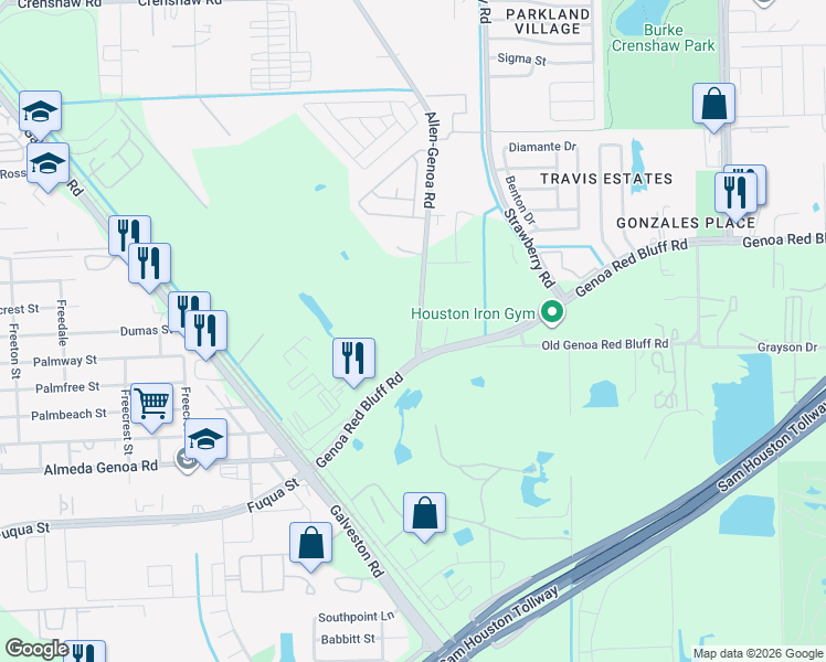 map of restaurants, bars, coffee shops, grocery stores, and more near 5521 Allen-Genoa Road in Houston