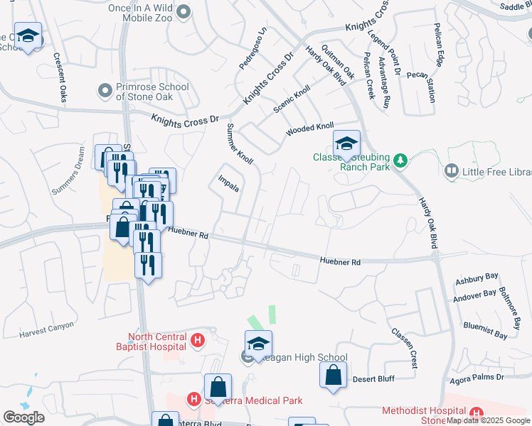 map of restaurants, bars, coffee shops, grocery stores, and more near 17919 Winter Hill in San Antonio