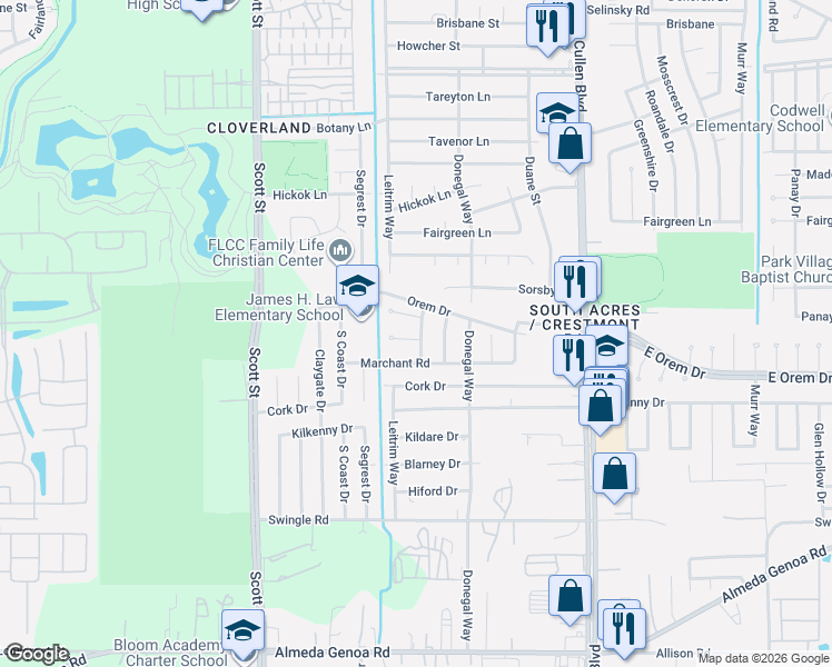 map of restaurants, bars, coffee shops, grocery stores, and more near 4019 Rosewin Circle in Houston