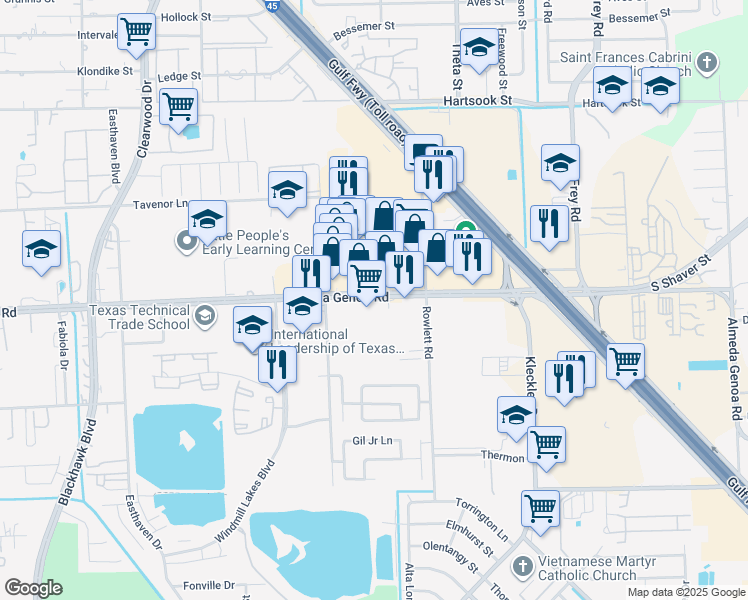 map of restaurants, bars, coffee shops, grocery stores, and more near 10013 Almeda-Genoa Road in Houston