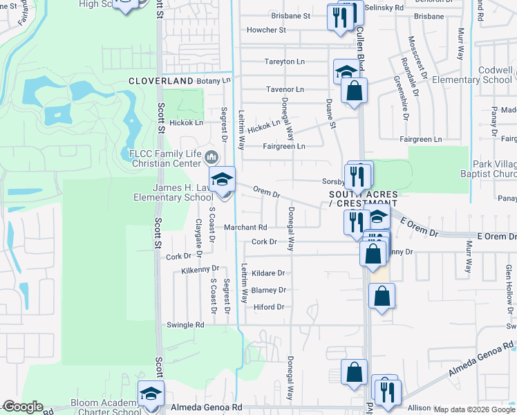 map of restaurants, bars, coffee shops, grocery stores, and more near 4019 Rosewin Circle in Houston