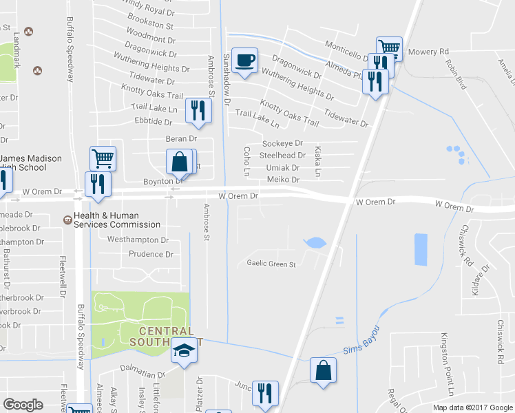 map of restaurants, bars, coffee shops, grocery stores, and more near 2911 Back Bay Brook Trail in Houston