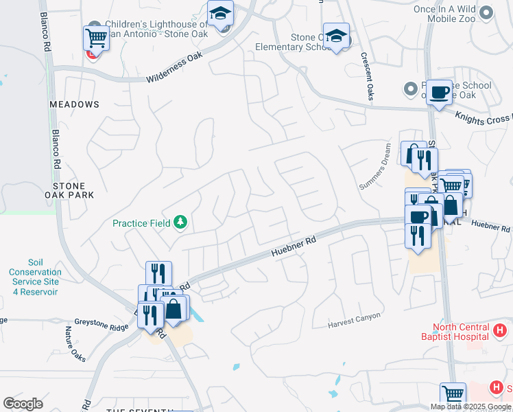 map of restaurants, bars, coffee shops, grocery stores, and more near 734 Virgin Oak in San Antonio