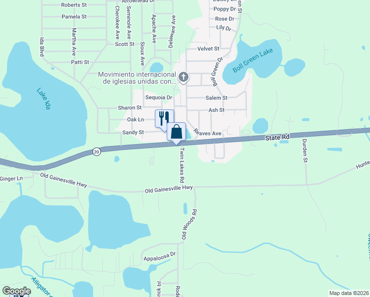 map of restaurants, bars, coffee shops, grocery stores, and more near 115 Reaves Avenue in Interlachen