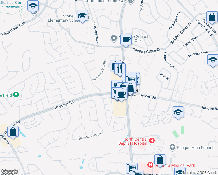 map of restaurants, bars, coffee shops, grocery stores, and more near 20211 Huebner Road in San Antonio