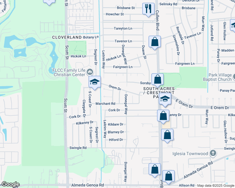 map of restaurants, bars, coffee shops, grocery stores, and more near 12502 Sorsby Way in Houston