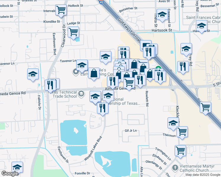 map of restaurants, bars, coffee shops, grocery stores, and more near in Houston