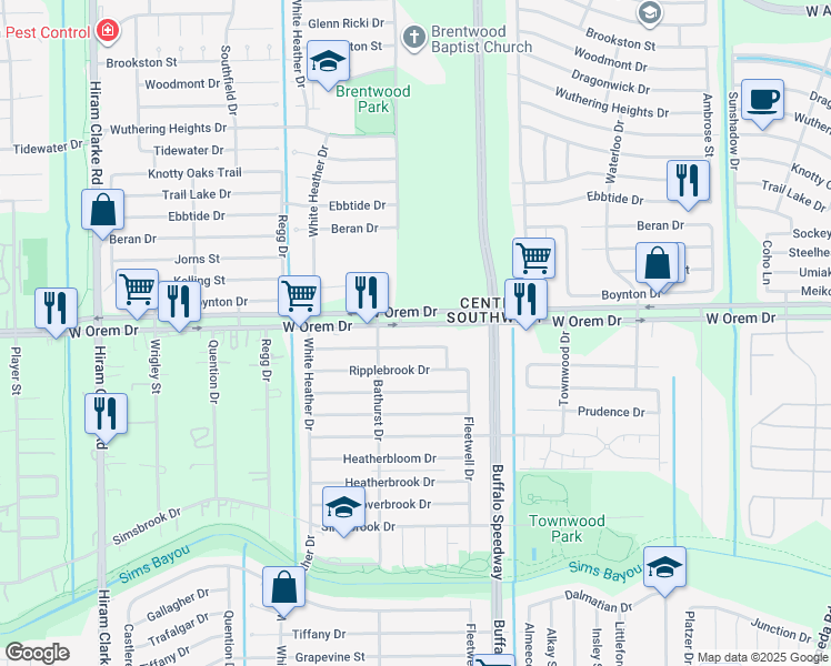 map of restaurants, bars, coffee shops, grocery stores, and more near 3815 West Orem Drive in Houston