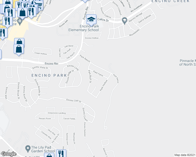 map of restaurants, bars, coffee shops, grocery stores, and more near 2322 Park Farm in San Antonio