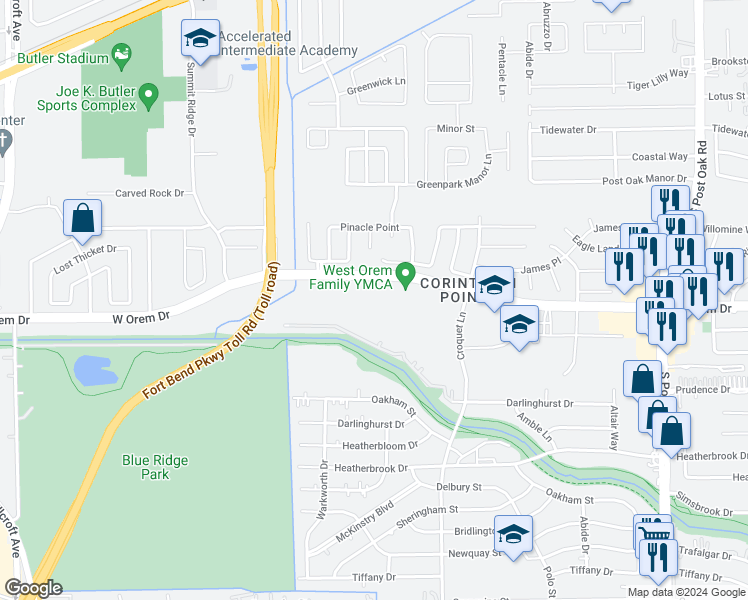 map of restaurants, bars, coffee shops, grocery stores, and more near 6105 West Orem Drive in Houston