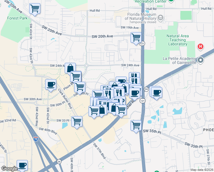 map of restaurants, bars, coffee shops, grocery stores, and more near Windmeadows Boulevard in Gainesville