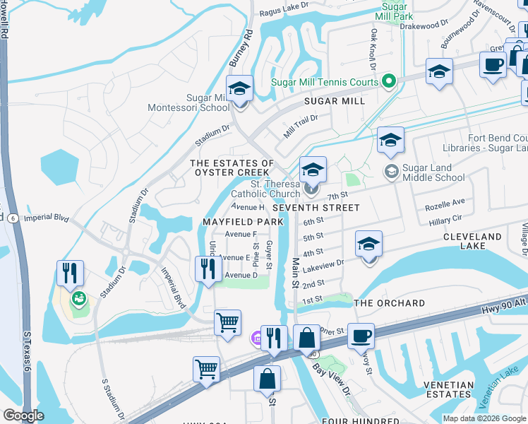 map of restaurants, bars, coffee shops, grocery stores, and more near 715 East Park Street in Sugar Land