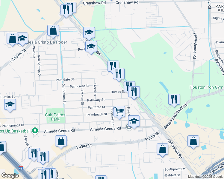 map of restaurants, bars, coffee shops, grocery stores, and more near 12337 Dumas Street in Houston