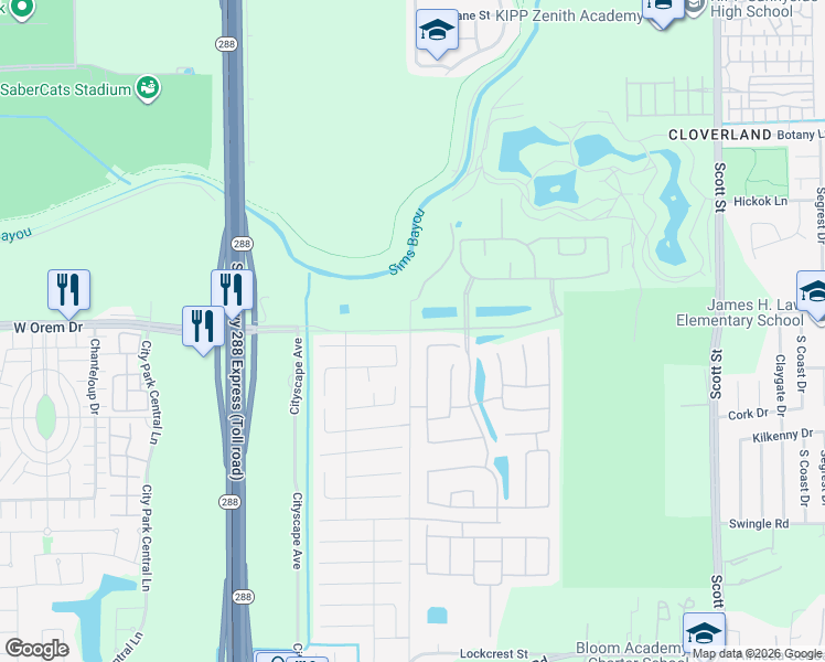 map of restaurants, bars, coffee shops, grocery stores, and more near 2735 Skyview Silver Drive in Houston