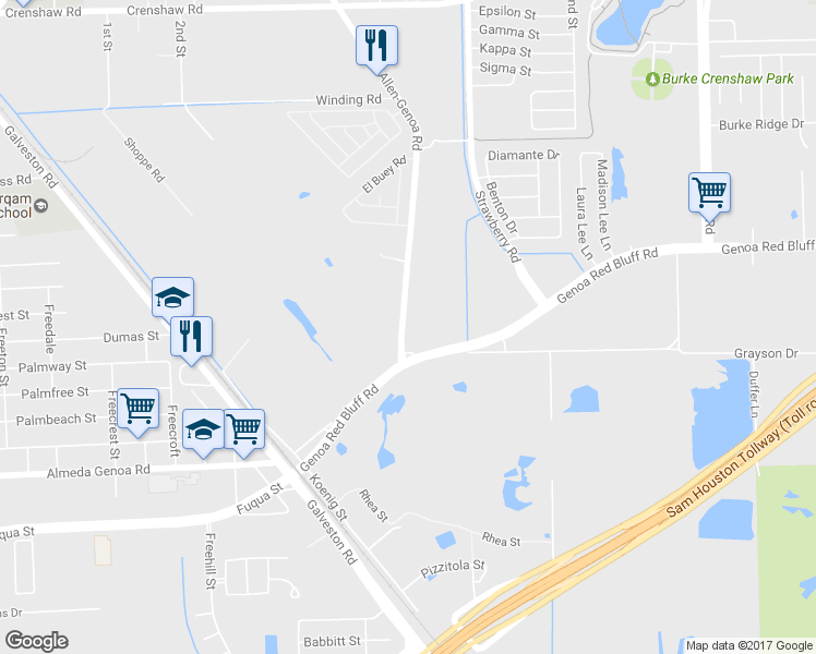 map of restaurants, bars, coffee shops, grocery stores, and more near 5521 Allen-Genoa Road in Houston