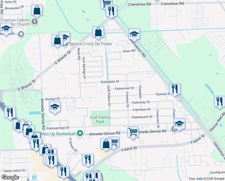 map of restaurants, bars, coffee shops, grocery stores, and more near 12010 Palmcrest Street in Houston