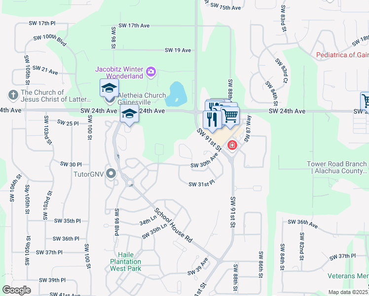 map of restaurants, bars, coffee shops, grocery stores, and more near 2775 Southwest 92 Terrace in Gainesville