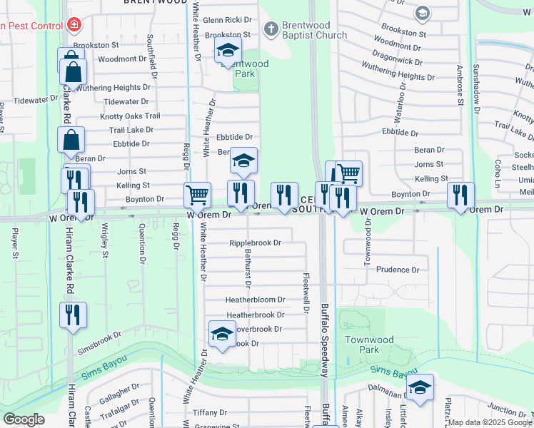 map of restaurants, bars, coffee shops, grocery stores, and more near 3815 West Orem Drive in Houston